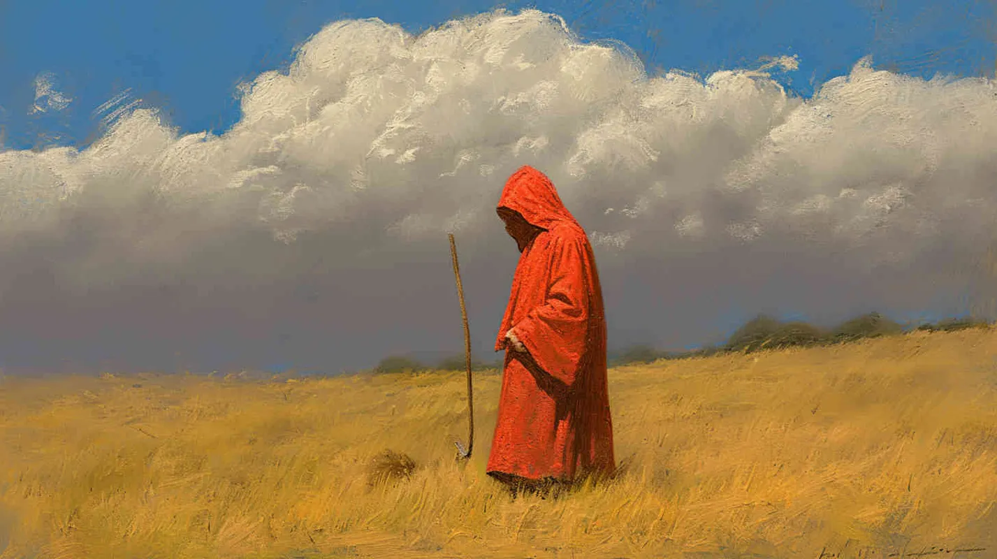 Under the blue sky and white clouds, a handsome young man wearing a red robe, with his hair tied up, held a plow and planted grains, laying the foundation for agriculture and industry, gradually transforming people from primitive nomadic life to agricultural civilization. - style3部分