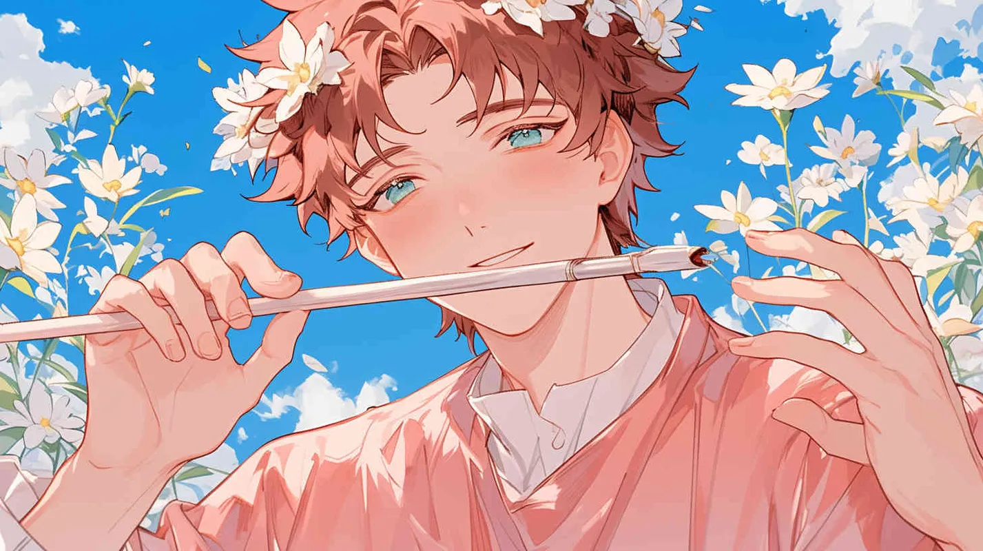 Under the blue sky and white clouds, a young man dressed in a red robe, with a handsome face and tied up his hair, held an ancient Chinese soil plowing tool in his hand. It was shaped like a wooden fork, with a crank on top and a plow head below, used to loosen the soil. It can be seen as the predecessor of the plow, planting grains in the farmland, laying the foundation for agriculture and industry, and gradually transforming people from primitive nomadic life to agricultural civilization. - style1部分