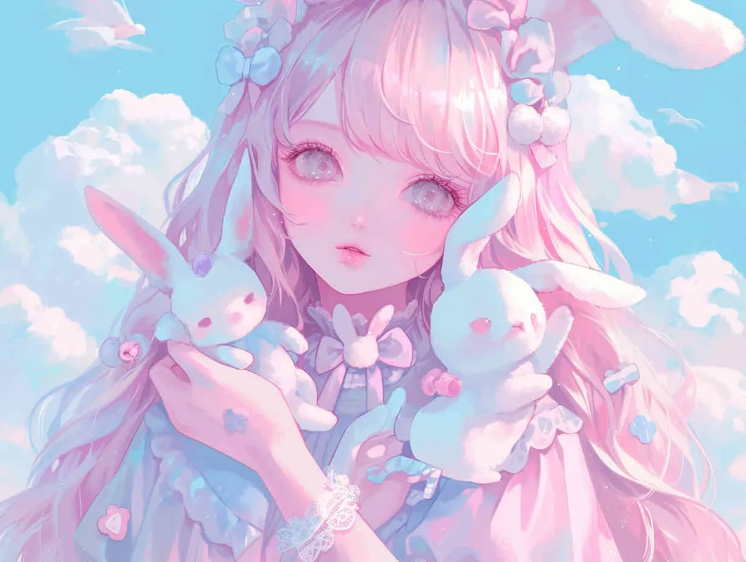 2️⃣ Cute anime girl with long hair and bunny ears, pastel colors, white clouds in the background, fantasy world, soft lighting, dreamy atmosphere, holding cute rabbit toys, closeup of her face, delicate facial features, beautiful eyes, high resolution, in the style of digital art.  – AI绘画作品展示 | Midjourney中文版生成