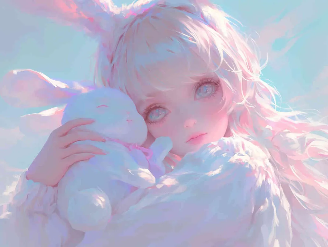 2️⃣ Cute anime girl with long hair and bunny ears, pastel colors, white clouds in the background, fantasy world, soft lighting, dreamy atmosphere, holding cute rabbit toys, closeup of her face, delicate facial features, beautiful eyes, high resolution, in the style of digital art.  - style2部分
