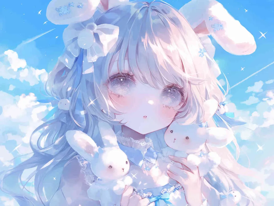 2️⃣ Cute anime girl with long hair and bunny ears, pastel colors, white clouds in the background, fantasy world, soft lighting, dreamy atmosphere, holding cute rabbit toys, closeup of her face, delicate facial features, beautiful eyes, high resolution, in the style of digital art.  - style3部分