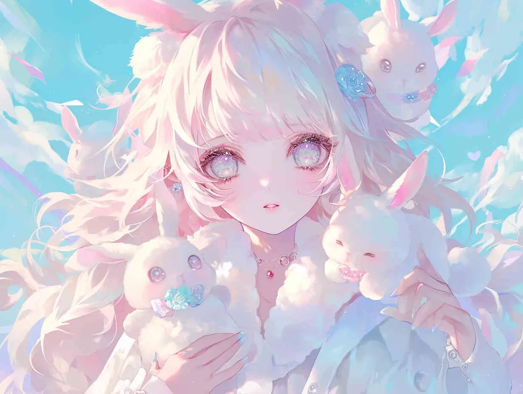 2️⃣ Cute anime girl with long hair and bunny ears, pastel colors, white clouds in the background, fantasy world, soft lighting, dreamy atmosphere, holding cute rabbit toys, closeup of her face, delicate facial features, beautiful eyes, high resolution, in the style of digital art.  - style4部分