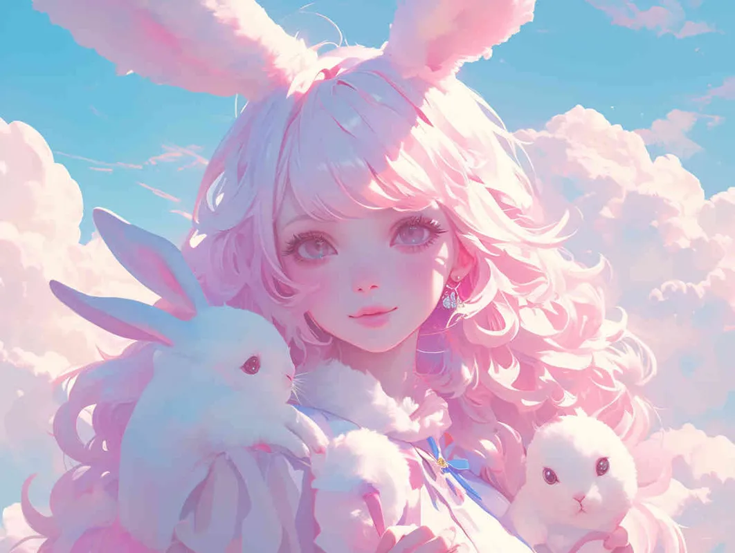 Disney-style painting,Cute anime girl with long hair and bunny ears, pastel colors, white clouds in the background, fantasy world, soft lighting, dreamy atmosphere, holding cute rabbit toys, closeup of her face, delicate facial features, beautiful eyes, high resolution, in the style of digital art - style1部分