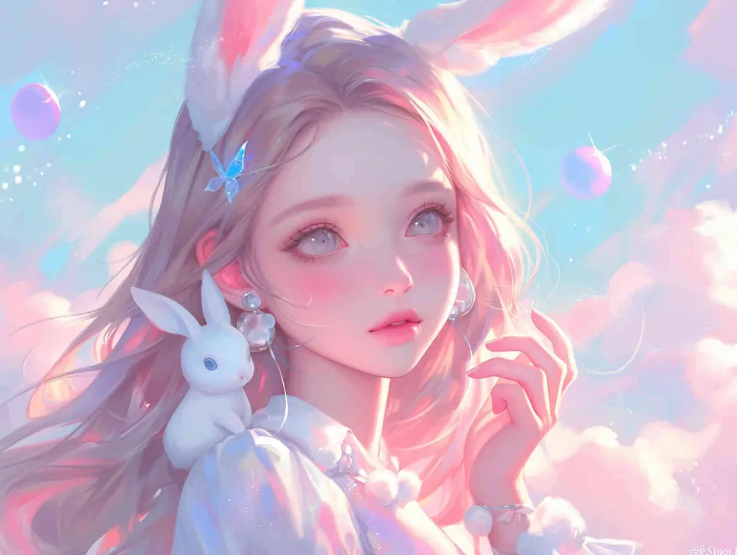Disney-style painting,Cute anime girl with long hair and bunny ears, pastel colors, white clouds in the background, fantasy world, soft lighting, dreamy atmosphere, holding cute rabbit toys, closeup of her face, delicate facial features, beautiful eyes, high resolution, in the style of digital art - style2部分