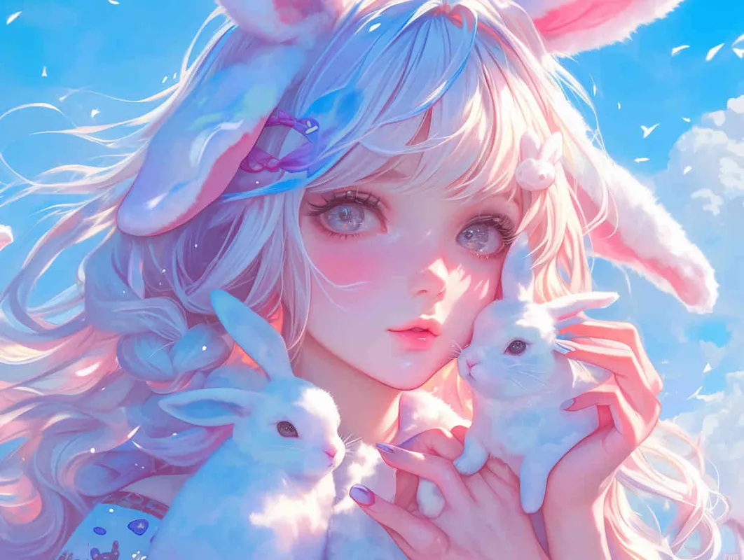 Disney-style painting,Cute anime girl with long hair and bunny ears, pastel colors, white clouds in the background, fantasy world, soft lighting, dreamy atmosphere, holding cute rabbit toys, closeup of her face, delicate facial features, beautiful eyes, high resolution, in the style of digital art - style3部分