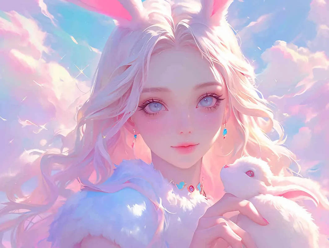 Disney-style painting,Cute anime girl with long hair and bunny ears, pastel colors, white clouds in the background, fantasy world, soft lighting, dreamy atmosphere, holding cute rabbit toys, closeup of her face, delicate facial features, beautiful eyes, high resolution, in the style of digital art - style4部分