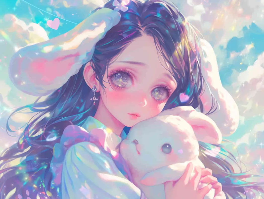 Disney-style painting,Cute anime girl with long hair and bunny ears, pastel colors, white clouds in the background, fantasy world, soft lighting, dreamy atmosphere, holding cute rabbit toys, closeup of her face, delicate facial features, beautiful eyes, high resolution - style1部分