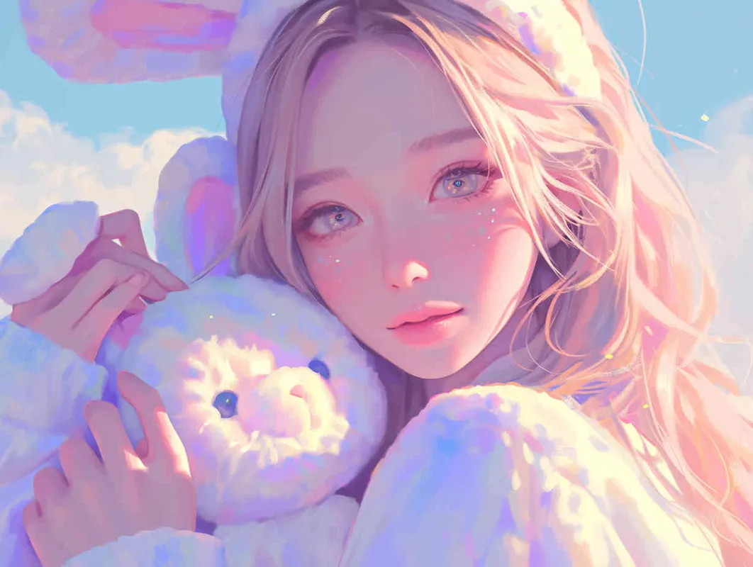 Disney-style painting,Cute anime girl with long hair and bunny ears, pastel colors, white clouds in the background, fantasy world, soft lighting, dreamy atmosphere, holding cute rabbit toys, closeup of her face, delicate facial features, beautiful eyes, high resolution - style3部分
