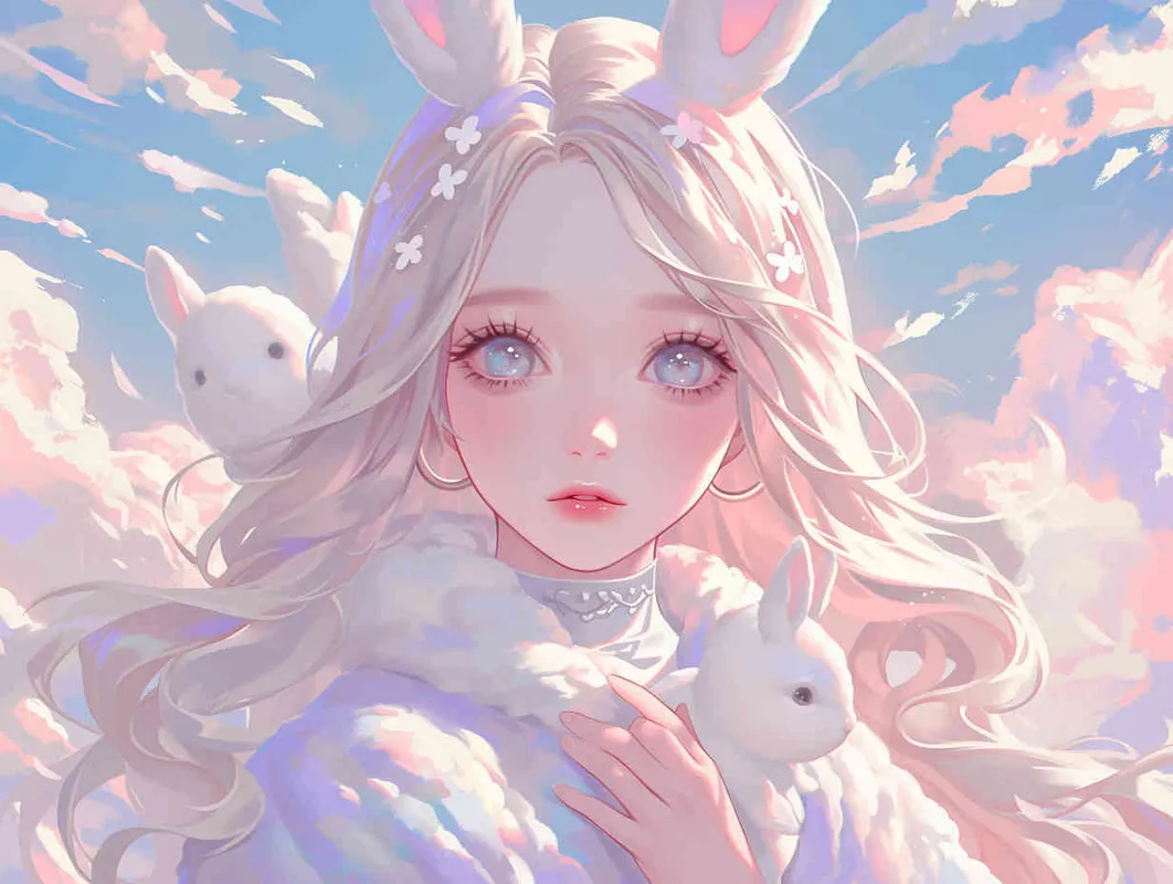 Disney-style painting,Cute anime girl with long hair and bunny ears, pastel colors, white clouds in the background, fantasy world, soft lighting, dreamy atmosphere, holding cute rabbit toys, closeup of her face, delicate facial features, beautiful eyes, high resolution - style4部分