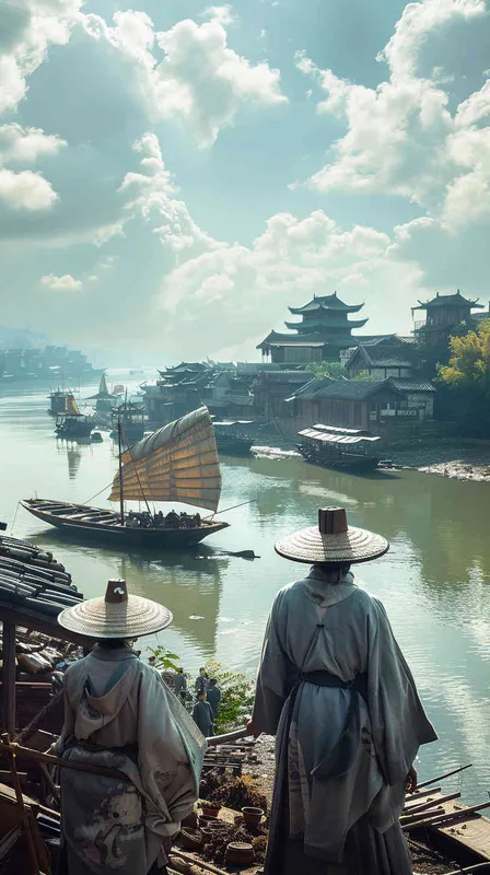 Chinese style, Song Dynasty costumes, close-up view of two men wearing Song Dynasty costumes looking into the distance: Mid shot of a group of ancient Chinese people building wooden boats on the riverbank; Long shot of an island in the distance surrounded by blue sky and white clouds, light background, high-definition details
- AI绘画作品展示 | Midjourney中文版生成