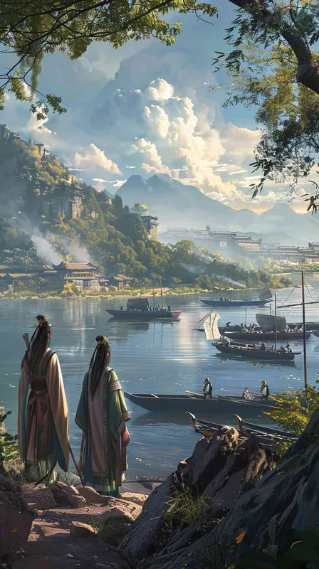 Chinese style, Song Dynasty costumes, close-up view of two men wearing Song Dynasty costumes looking into the distance: Mid shot of a group of ancient Chinese people building wooden boats on the riverbank; Long shot of an island in the distance surrounded by blue sky and white clouds, light background, high-definition details
- AI绘画作品展示 | Midjourney中文版生成