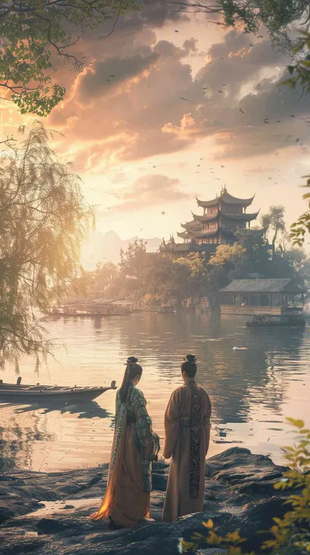 Chinese style, Song Dynasty costumes, close-up view of two men wearing Song Dynasty costumes looking into the distance: Mid shot of a group of ancient Chinese people building wooden boats on the riverbank; Long shot of an island in the distance surrounded by blue sky and white clouds, light background, high-definition details
- AI绘画作品展示 | Midjourney中文版生成