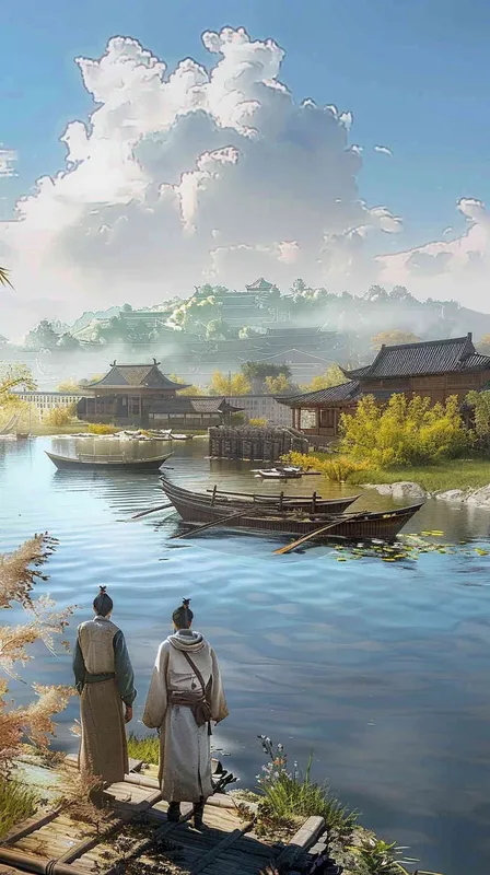 Chinese style, Song Dynasty costumes, close-up view of two men wearing Song Dynasty costumes looking into the distance: Mid shot of a group of ancient Chinese people building wooden boats on the riverbank; Long shot of an island in the distance surrounded by blue sky and white clouds, light background, high-definition details
- AI绘画作品展示 | Midjourney中文版生成