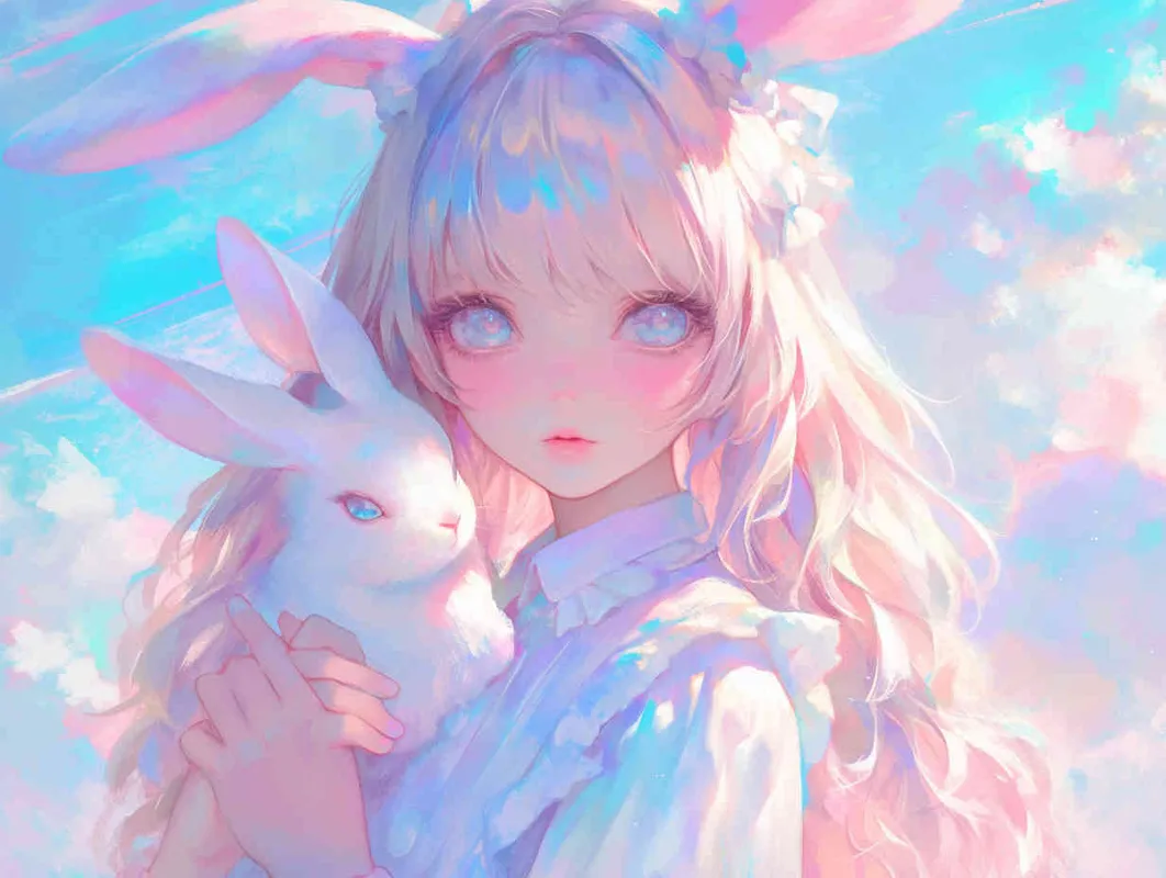 Old-fashioned manga style,Cute anime girl with long hair and bunny ears, pastel colors, white clouds in the background, fantasy world, soft lighting, dreamy atmosphere, holding cute rabbit toys, closeup of her face, delicate facial features, beautiful eyes, high resolutio - style2部分