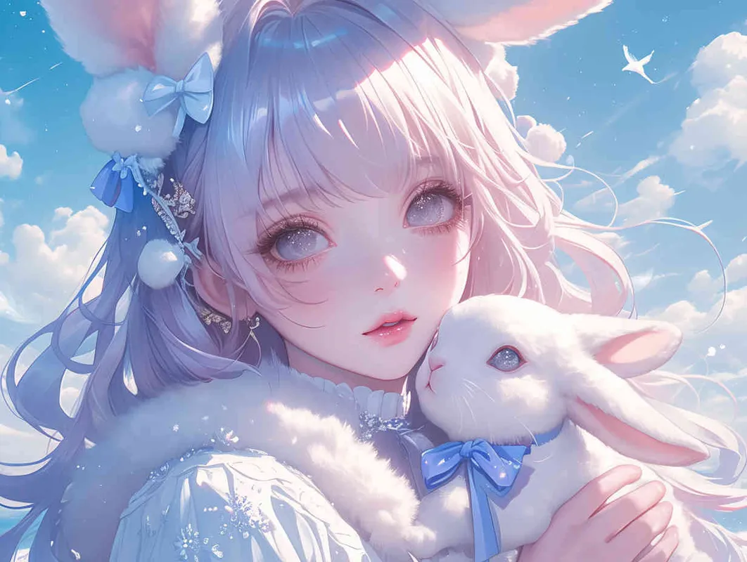 Old-fashioned manga style,Cute anime girl with long hair and bunny ears, pastel colors, white clouds in the background, fantasy world, soft lighting, dreamy atmosphere, holding cute rabbit toys, closeup of her face, delicate facial features, beautiful eyes, high resolutio - style3部分