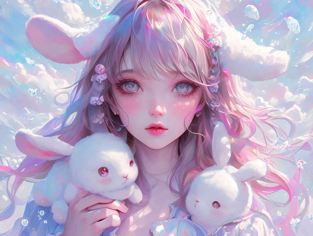 Old-fashioned manga style,Cute anime girl with long hair and bunny ears, pastel colors, white clouds in the background, fantasy world, soft lighting, dreamy atmosphere, holding cute rabbit toys, closeup of her face, delicate facial features, beautiful eyes, high resolutio - style4部分