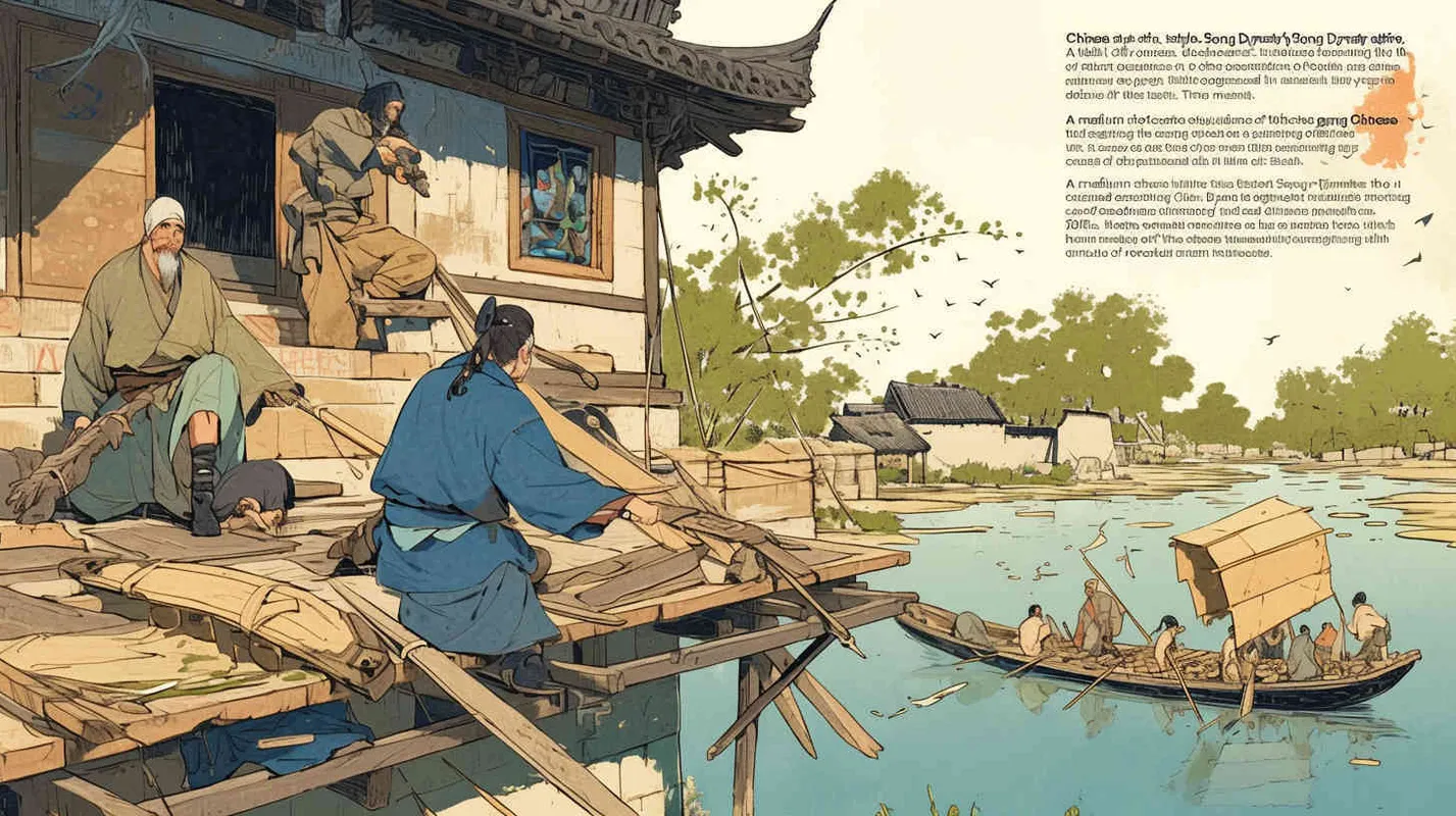 Chinese style, Song Dynasty costumes. Close shot of two men wearing Song Dynasty costumes looking into the distance. Mid shot of a group of ancient Chinese people building wooden boats on the riverbank, holding wood and planks in their hands. The distant view is of an island surrounded by blue sky and white clouds. In a national style. In a hand drawn style, with a light background and high-definition details
 - style1部分