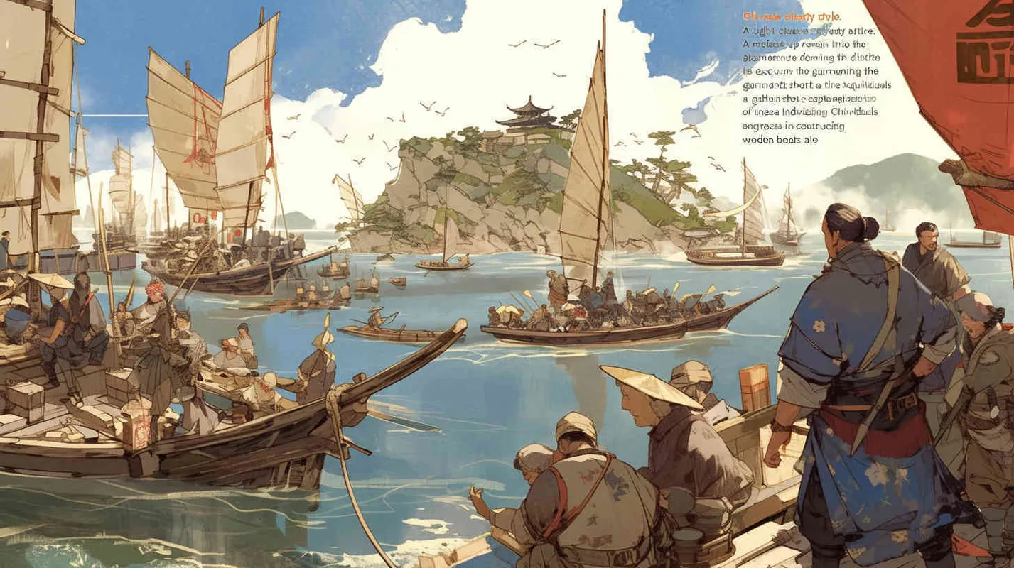 Chinese style, Song Dynasty costumes. Close shot of two men wearing Song Dynasty costumes looking into the distance. Mid shot of a group of ancient Chinese people building wooden boats on the riverbank, holding wood and planks in their hands. The distant view is of an island surrounded by blue sky and white clouds. In a national style. In a hand drawn style, with a light background and high-definition details
 - style2部分