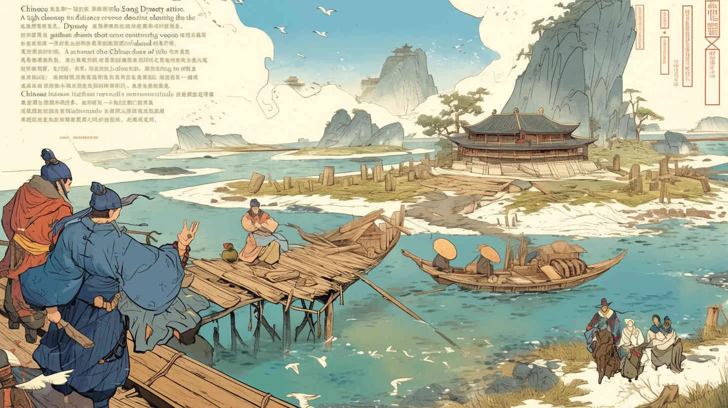 Chinese style, Song Dynasty costumes. Close shot of two men wearing Song Dynasty costumes looking into the distance. Mid shot of a group of ancient Chinese people building wooden boats on the riverbank, holding wood and planks in their hands. The distant view is of an island surrounded by blue sky and white clouds. In a national style. In a hand drawn style, with a light background and high-definition details
 - style3部分