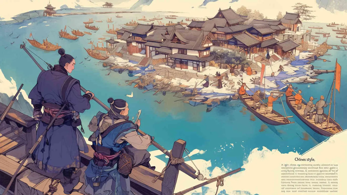 Chinese style, Song Dynasty costumes. Close shot of two men wearing Song Dynasty costumes looking into the distance. Mid shot of a group of ancient Chinese people building wooden boats on the riverbank, holding wood and planks in their hands. The distant view is of an island surrounded by blue sky and white clouds. In a national style. In a hand drawn style, with a light background and high-definition details
 - style4部分