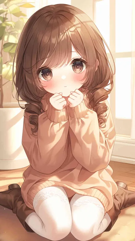 Korean illustration style,cute chibi style!!!girl, boy, sweater, lace-trimmed dress, white pantyhose, martin boots, ribbon, own hands clasped, yokozuwari, blurred background, the best quality, brown hair, drill hair - AI绘画作品展示 | Midjourney中文版生成