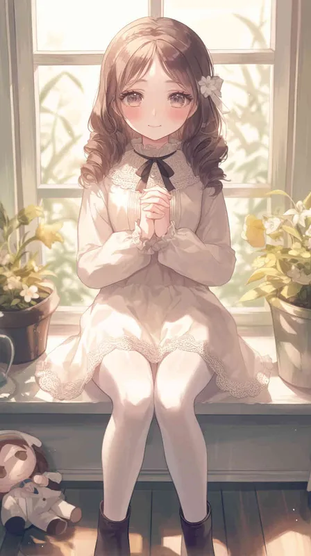 Korean illustration style,cute chibi style!!!girl, boy, sweater, lace-trimmed dress, white pantyhose, martin boots, ribbon, own hands clasped, yokozuwari, blurred background, the best quality, brown hair, drill hair - AI绘画作品展示 | Midjourney中文版生成