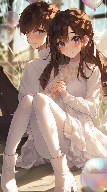 Korean illustration style,cute chibi style!!!girl, boy, sweater, lace-trimmed dress, white pantyhose, martin boots, ribbon, own hands clasped, yokozuwari, blurred background, the best quality, brown hair, drill hair - AI绘画作品展示 | Midjourney中文版生成