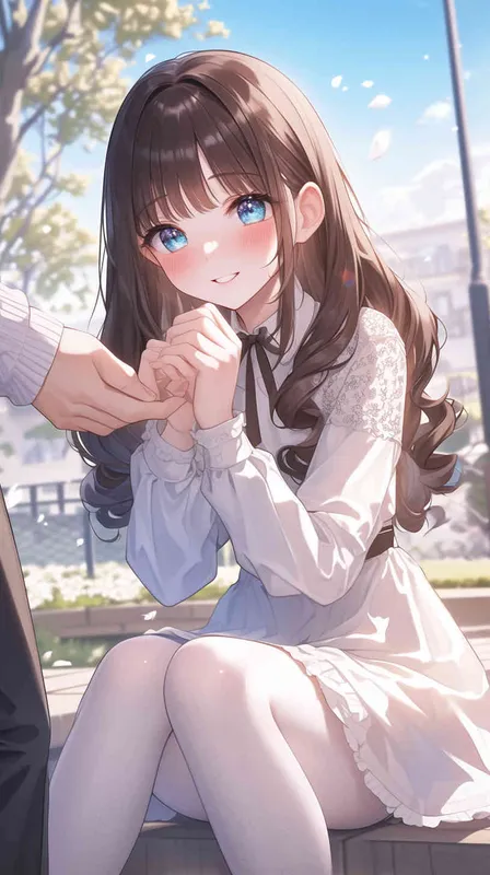 Korean illustration style,girl, boy, sweater, lace-trimmed dress, white pantyhose, martin boots, ribbon, own hands clasped, yokozuwari, blurred background, the best quality, brown hair, drill hair - AI绘画作品展示 | Midjourney中文版生成