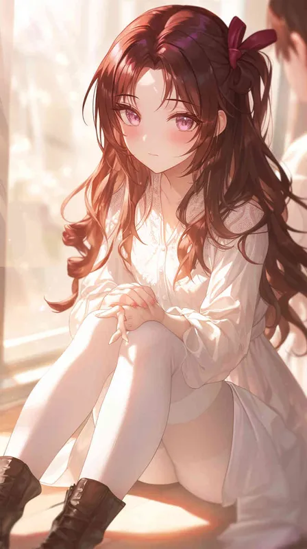 Korean illustration style,girl, boy, sweater, lace-trimmed dress, white pantyhose, martin boots, ribbon, own hands clasped, yokozuwari, blurred background, the best quality, brown hair, drill hair - AI绘画作品展示 | Midjourney中文版生成