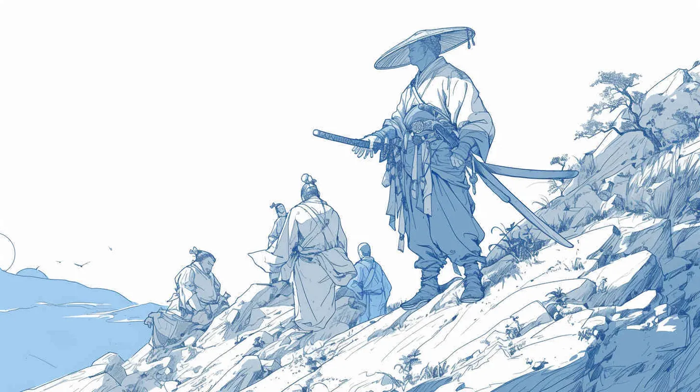 Chinese style, monochromatic line drawing, ancient style, Song Dynasty clothing, one person standing on a soil slope with their back, two workers carrying a large stone, all over, with a white background
 – AI绘画作品展示 | Midjourney中文版生成