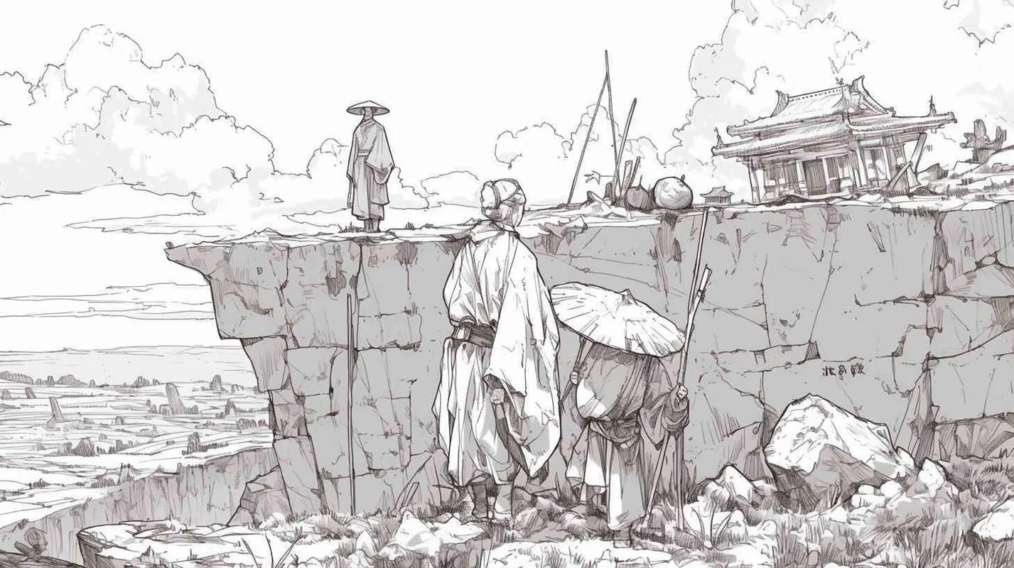 Chinese style, monochromatic line drawing, ancient style, Song Dynasty clothing, one person standing on a soil slope with their back, two workers carrying a large stone, all over, with a white background
 - style2部分
