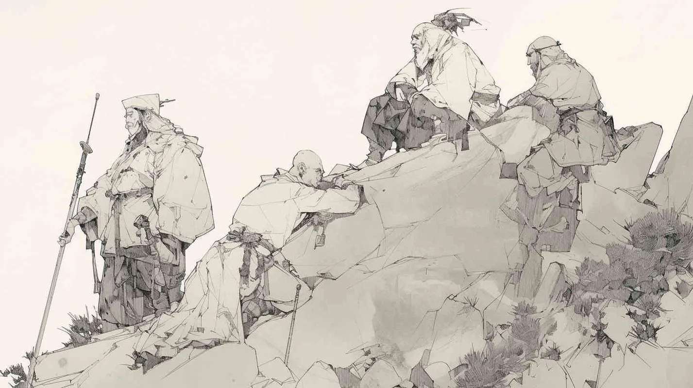 Chinese style, monochromatic line drawing, ancient style, Song Dynasty clothing, one person standing on a soil slope with their back, two workers carrying a large stone, all over, with a white background
 - style4部分