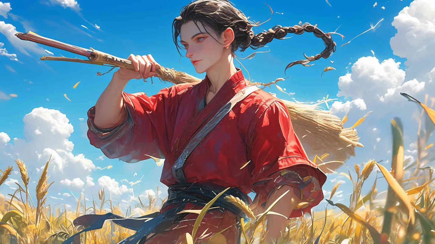 蓝天白云下，一位身穿红色长袍，面容俊美，束起头发的少年男子，他手拿中国古代的一种翻土农具，形如木叉，上有曲柄，下面是犁头，用以松土，可看作犁的前身，在农田里种五谷，奠定了农工基础，使得人们从原始的游牧生活逐渐转化为农耕文明。  - AI绘画作品展示 | Midjourney中文版生成