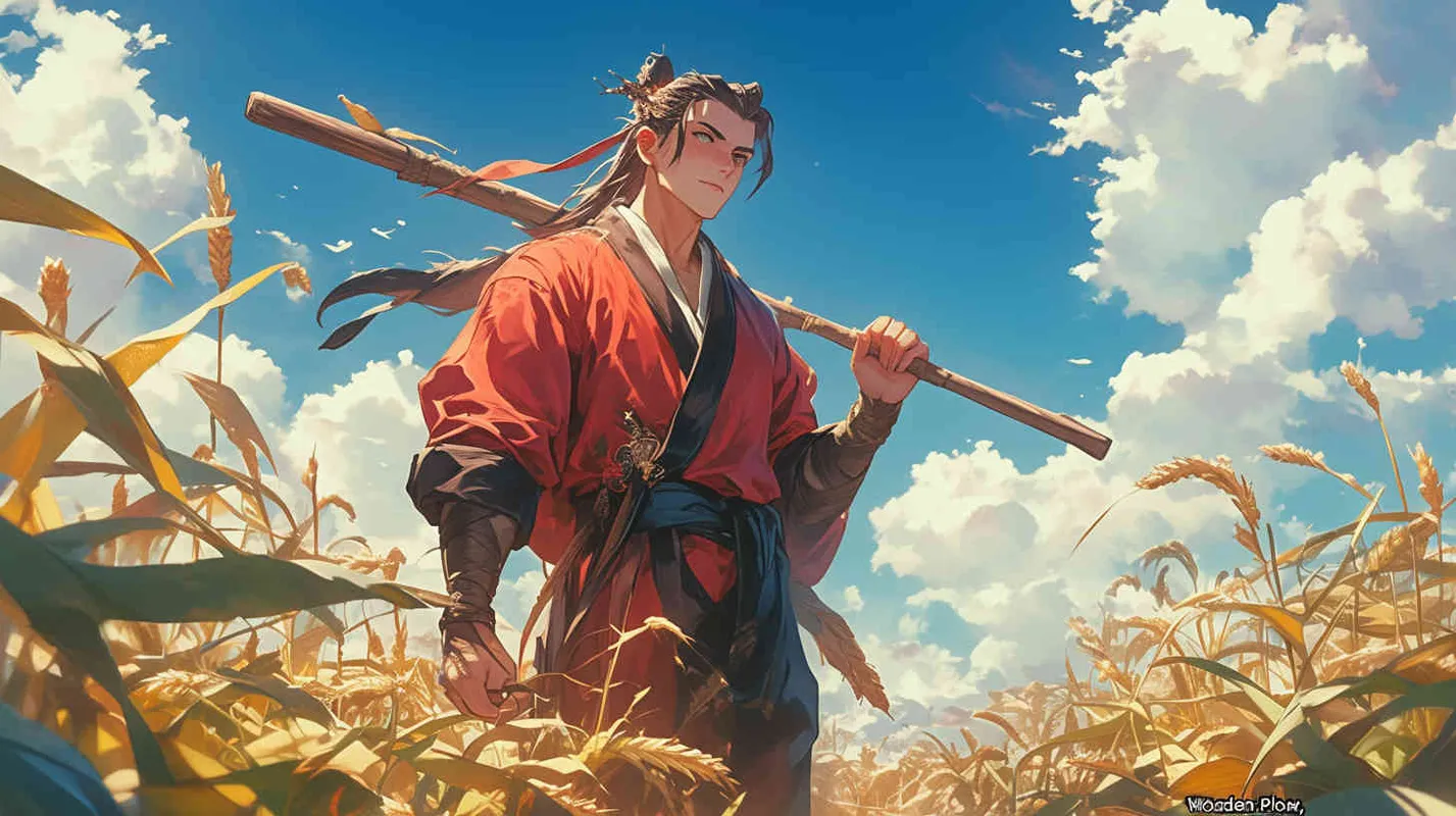 蓝天白云下,一位身穿红色长袍,面容俊美,束起头发的少年男子,他手拿中国古代的一种翻土农具,形如木叉,上有曲柄,下面是犁头,用以松土,可看作犁的前身,在农田里种五谷,奠定了农工基础,使得人们从原始的游牧生活逐渐转化为农耕文明。 - AI绘画作品展示 | Midjourney中文版生成