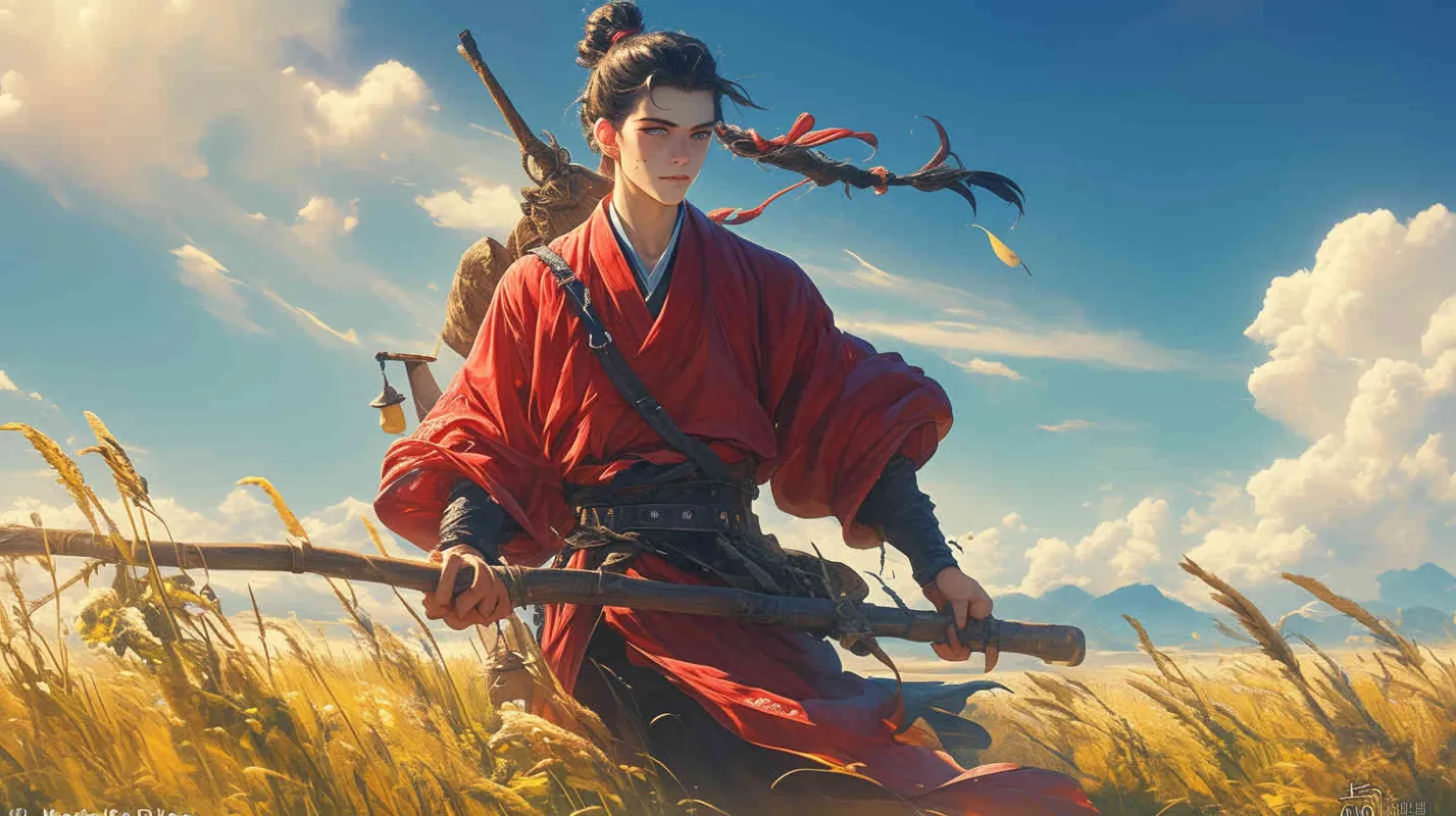 蓝天白云下,一位身穿红色长袍,面容俊美,束起头发的少年男子,他手拿中国古代的一种翻土农具,形如木叉,上有曲柄,下面是犁头,用以松土,可看作犁的前身,在农田里种五谷,奠定了农工基础,使得人们从原始的游牧生活逐渐转化为农耕文明。 - AI绘画作品展示 | Midjourney中文版生成