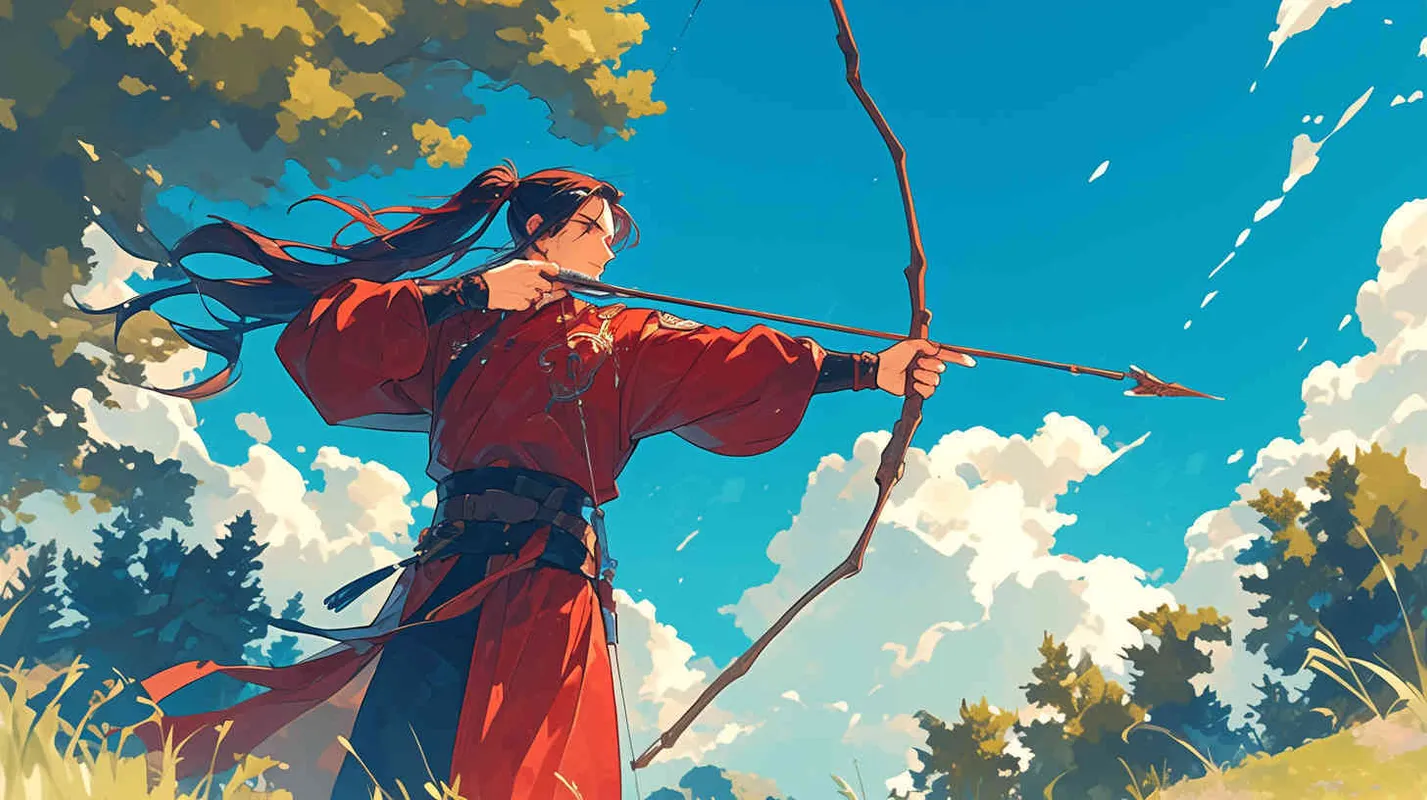 蓝天白云下，一位身穿红色长袍，面容俊美，束起长发的少年男子，正在用木头制作弓箭 - style3部分