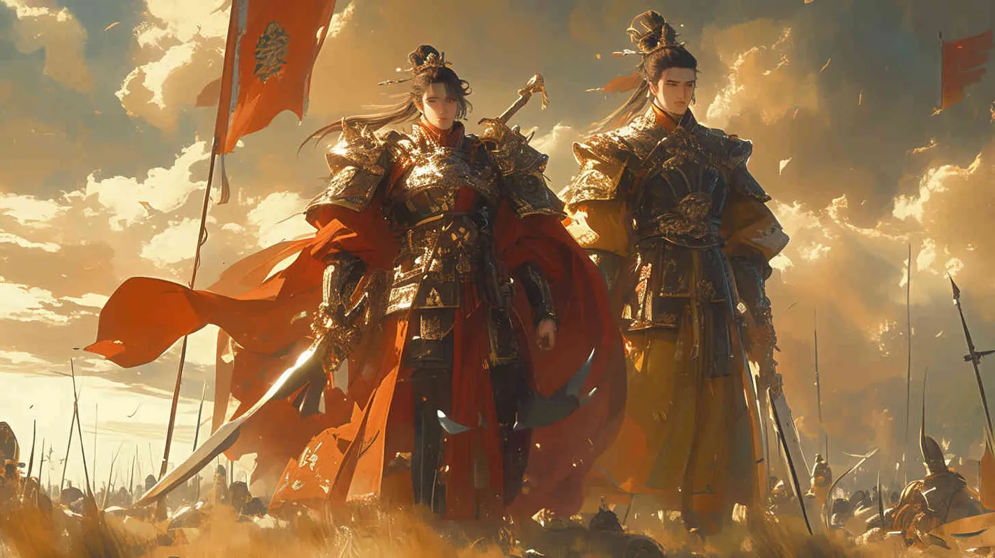 一位身穿红色铠甲的中国古代束发少年将军与一位身穿黄色铠甲的中国古代束发少年将军结盟，共同击败了身穿黑色铠甲的人 - style2部分