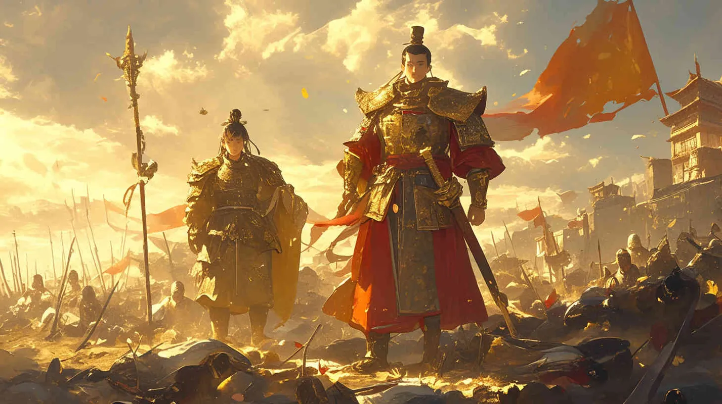 一位身穿红色铠甲的中国古代束发少年将军与一位身穿黄色铠甲的中国古代束发少年将军结盟，共同击败了身穿黑色铠甲的人 - style3部分