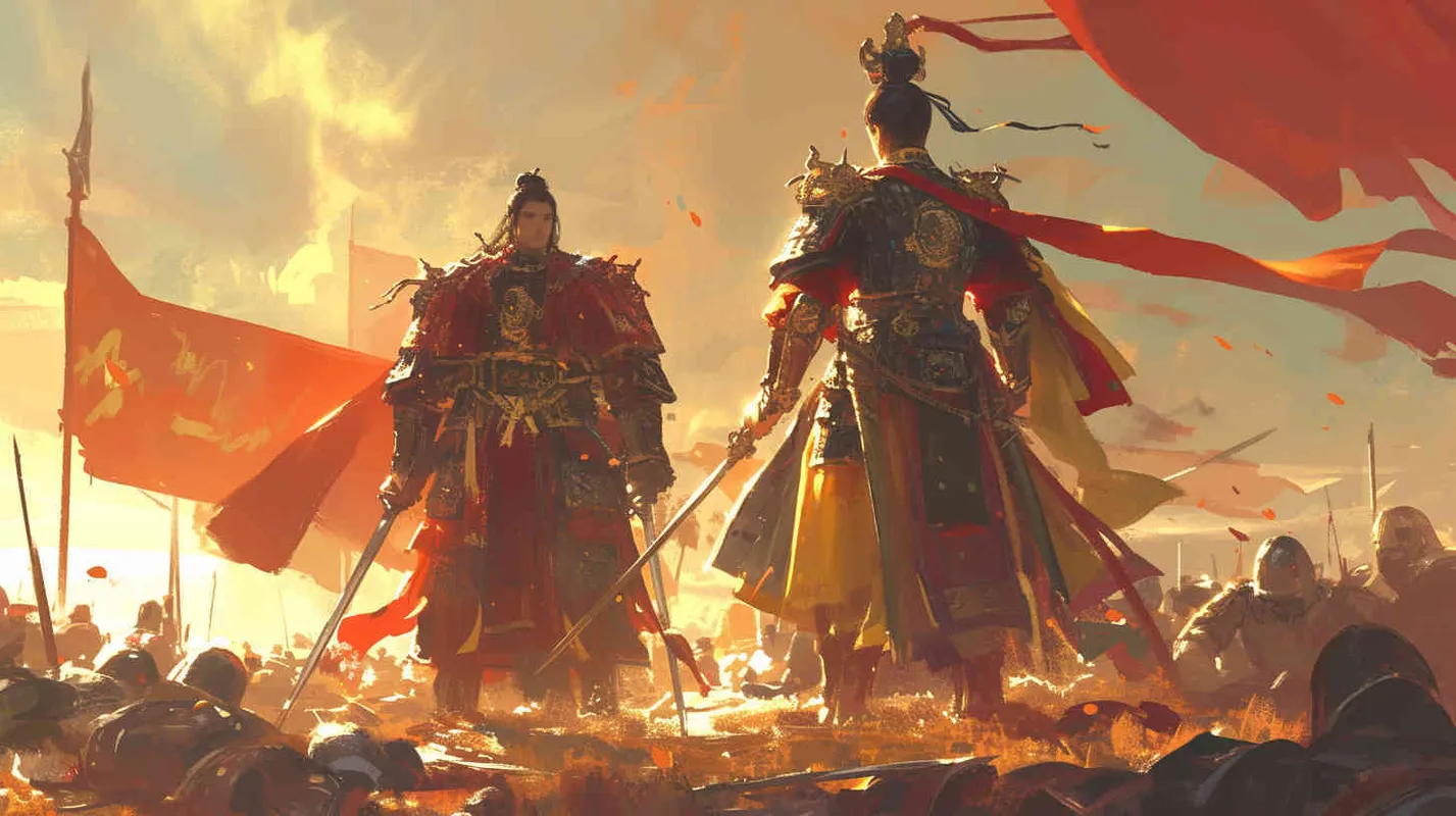 一位身穿红色铠甲的中国古代束发少年将军与一位身穿黄色铠甲的中国古代束发少年将军结盟，共同击败了身穿黑色铠甲的人 - style4部分