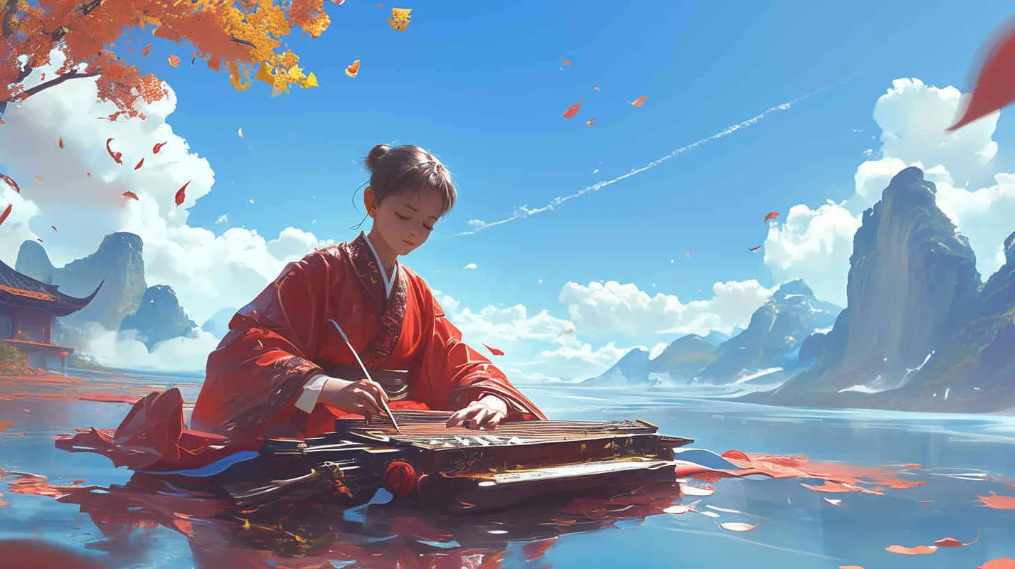 蓝天白云下，一位身穿红色长袍，面容俊美，束起头发的中国古代少年男子，正在制作五弦琴 - style1部分