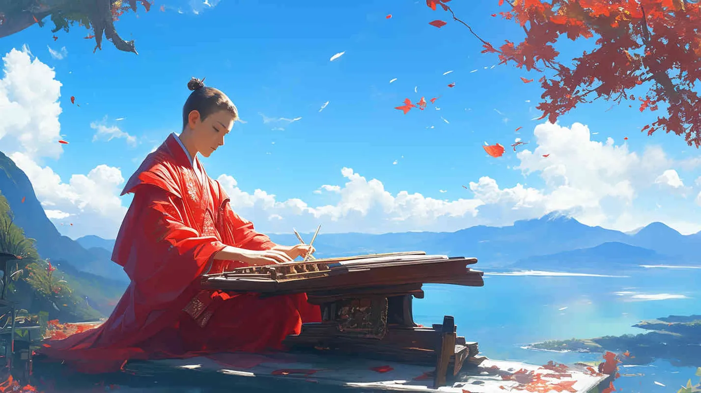 蓝天白云下，一位身穿红色长袍，面容俊美，束起头发的中国古代少年男子，正在制作五弦琴 - style2部分
