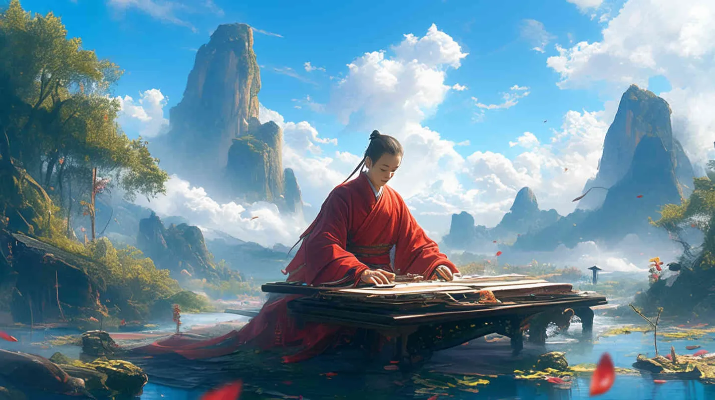 蓝天白云下，一位身穿红色长袍，面容俊美，束起头发的中国古代少年男子，正在制作五弦琴 - style4部分