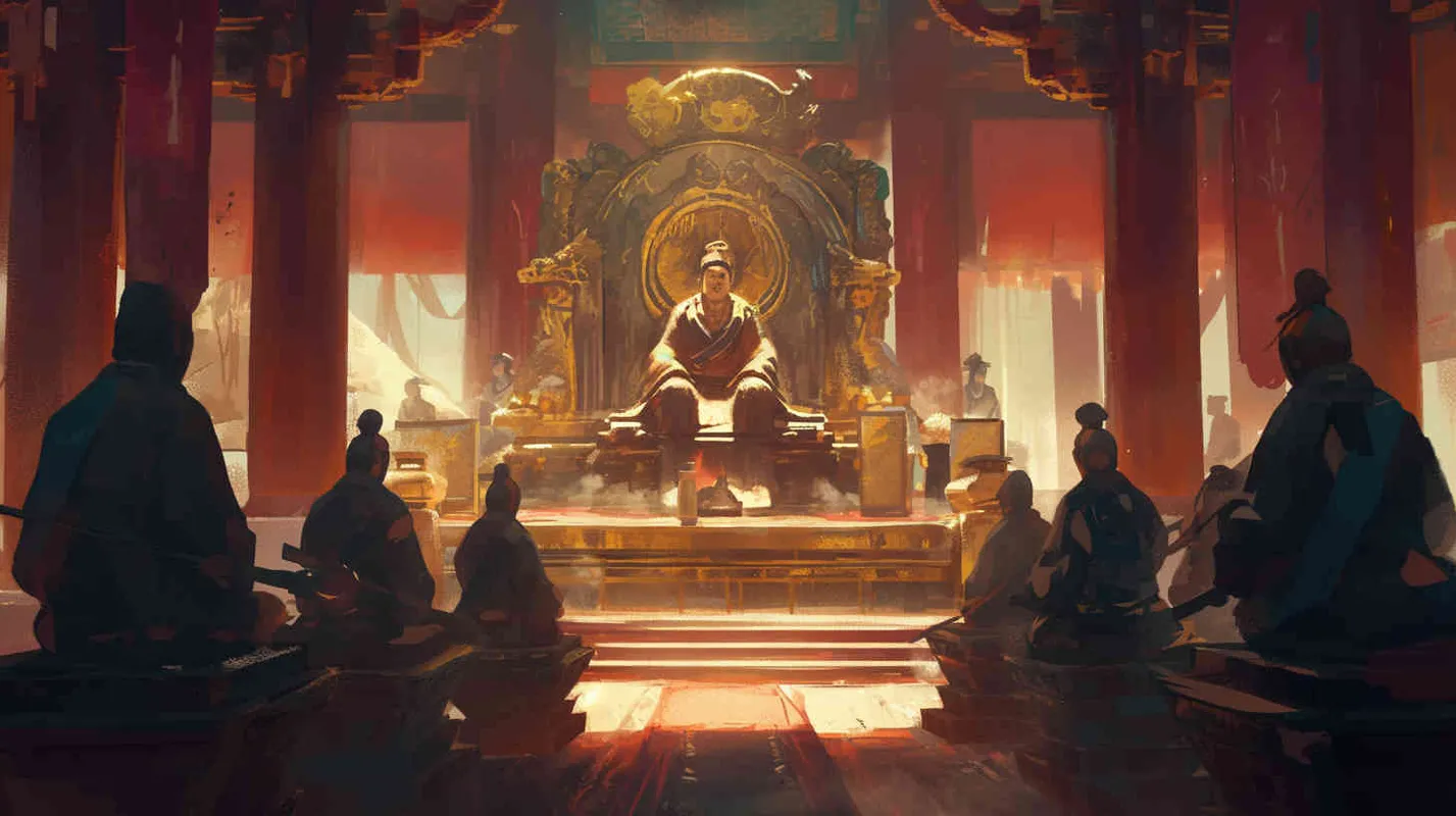 A handsome ancient Chinese man, tall and burly, with thick eyebrows and big eyes, tied up his hair, wearing a hair crown and a red robe. Sitting on a magnificent throne, His Highness stood ten ancient Chinese men dressed in black robes with their hair tied up, holding scrolls in their hands - style3部分