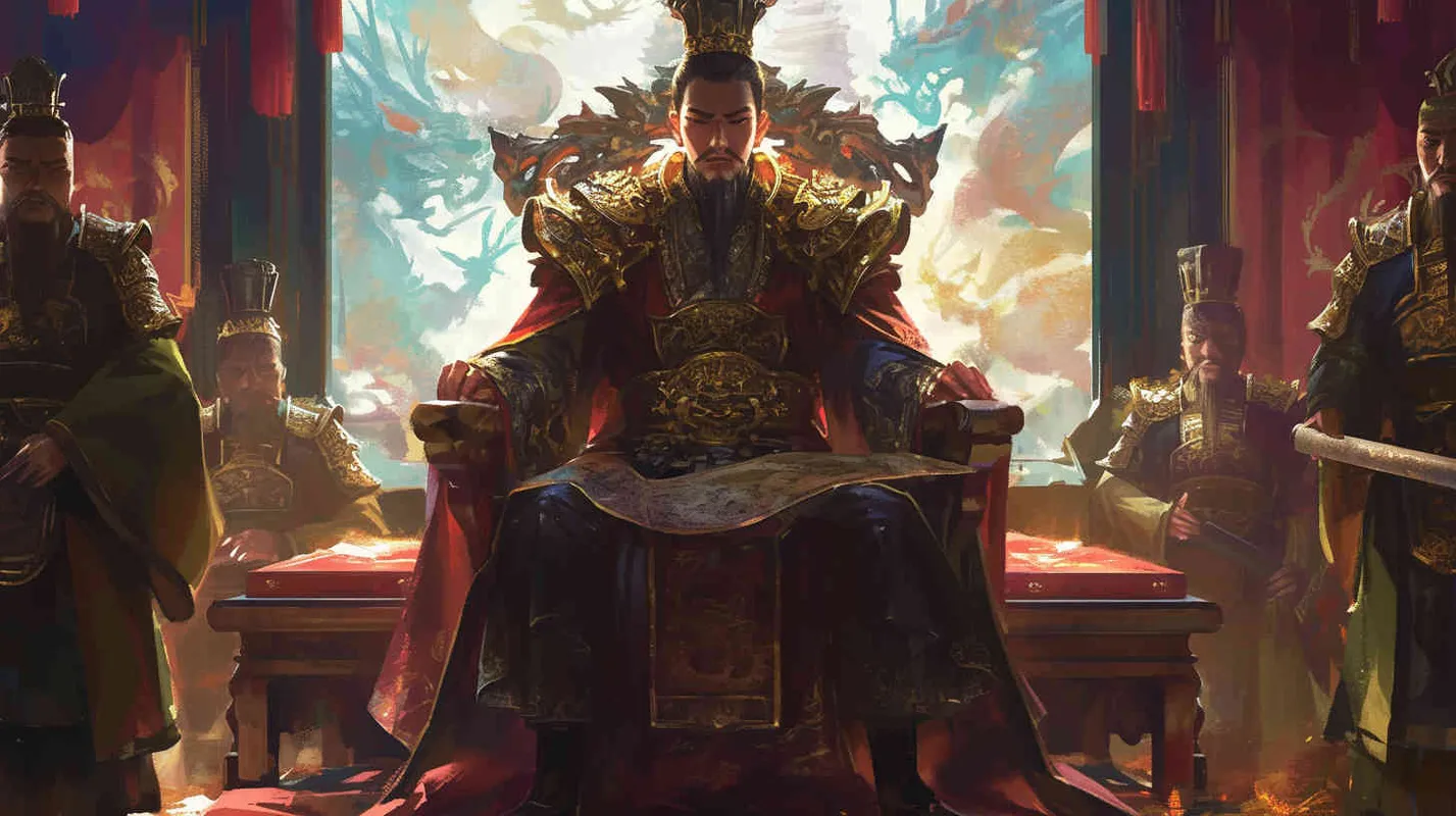 A handsome ancient Chinese man, tall and burly, with thick eyebrows and big eyes, tied up his hair, wearing a hair crown and a red robe. Sitting on a magnificent throne, His Highness stood ten ancient Chinese men dressed in black robes with their hair tied up, holding scrolls in their hands - style4部分