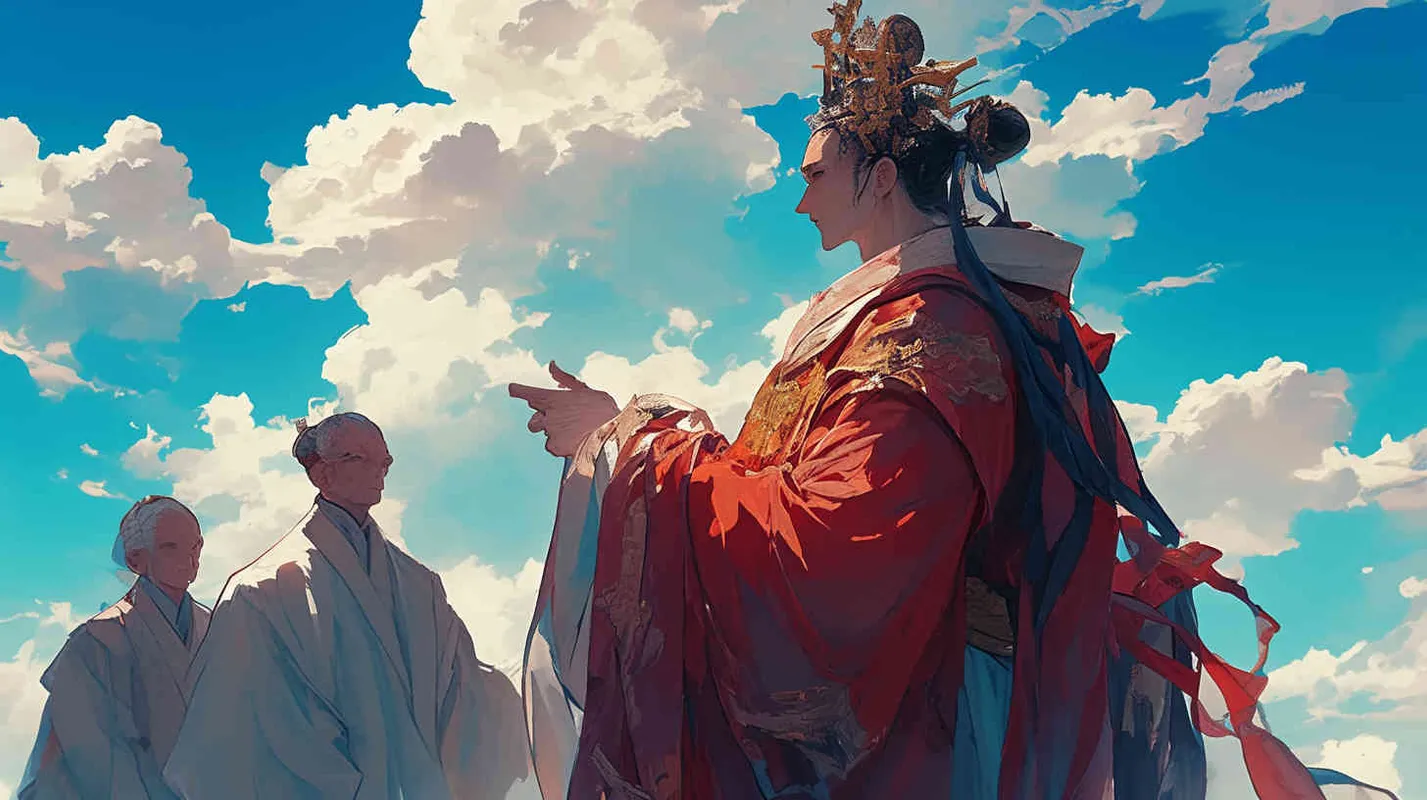Under the blue sky and white clouds, a handsome ancient Chinese man tied his hair, wore a hair crown, and wore a red robe. Standing next to him were three ancient Chinese men dressed in gray robes, with hair crowns on their heads. - style1部分