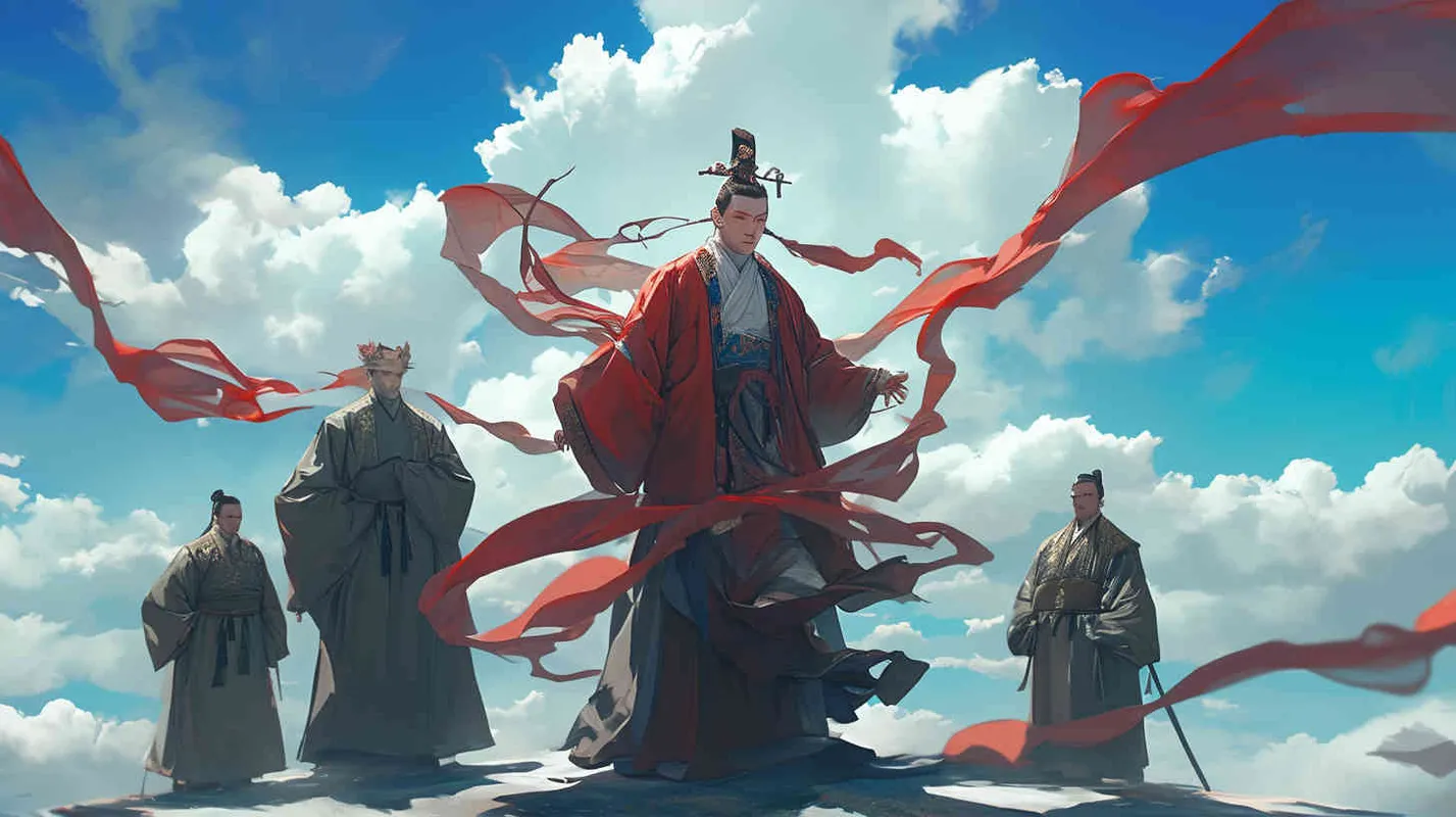 Under the blue sky and white clouds, a handsome ancient Chinese man tied his hair, wore a hair crown, and wore a red robe. Standing next to him were three ancient Chinese men dressed in gray robes, with hair crowns on their heads. - style2部分