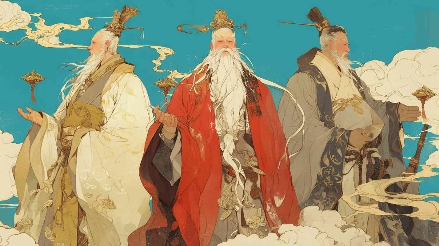 Under the blue sky and white clouds, a handsome ancient Chinese man tied his hair, wore a hair crown, and wore a red robe. Standing next to him were three ancient Chinese men dressed in gray robes, with hair crowns on their heads. - style3部分