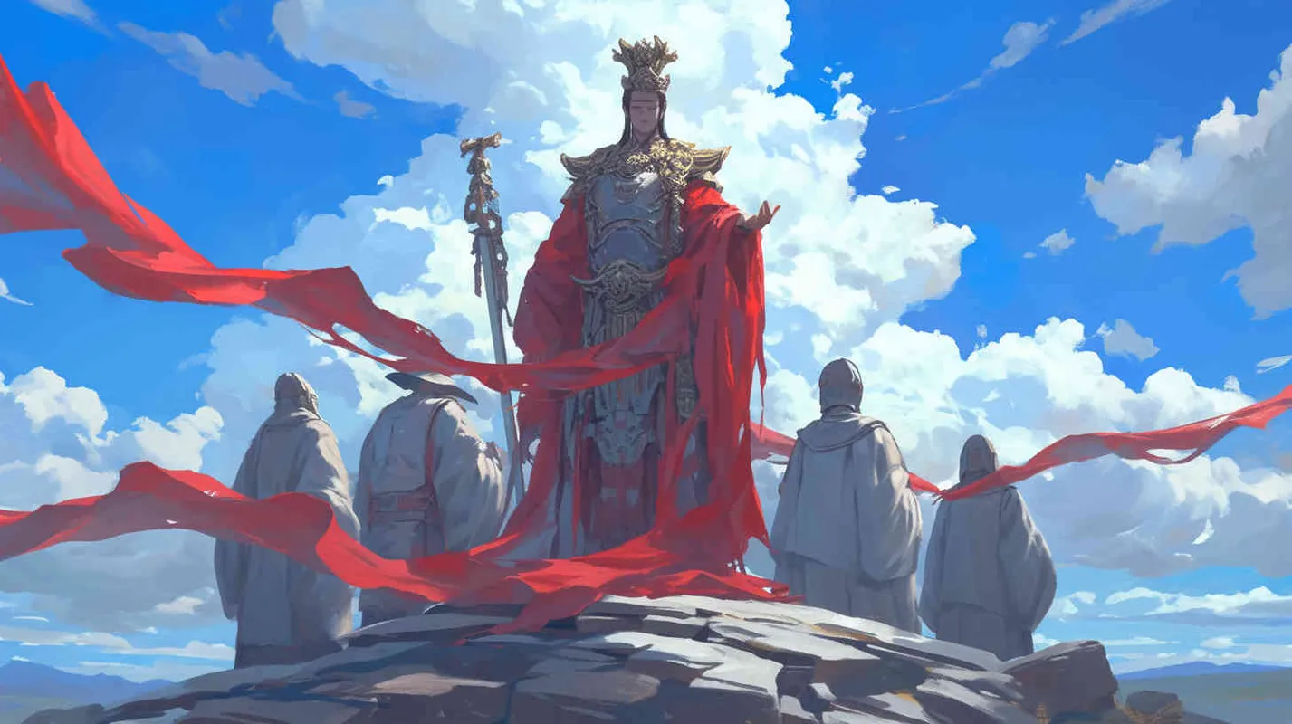 Under the blue sky and white clouds, a handsome ancient Chinese man tied his hair, wore a hair crown, and wore a red robe. Standing next to him were three ancient Chinese men dressed in gray robes, with hair crowns on their heads. - style4部分