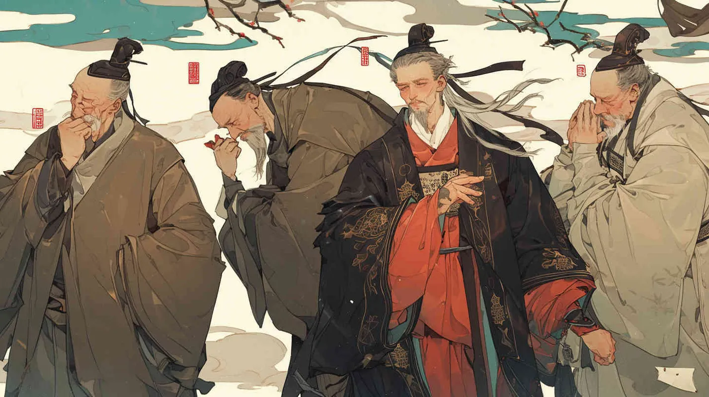 Under the blue sky and white clouds, a handsome ancient Chinese man tied his hair, wore a hair crown, and wore a red robe. Standing next to him were three ancient Chinese men in gray robes, wearing headbands. – AI绘画作品展示 | Midjourney中文版生成