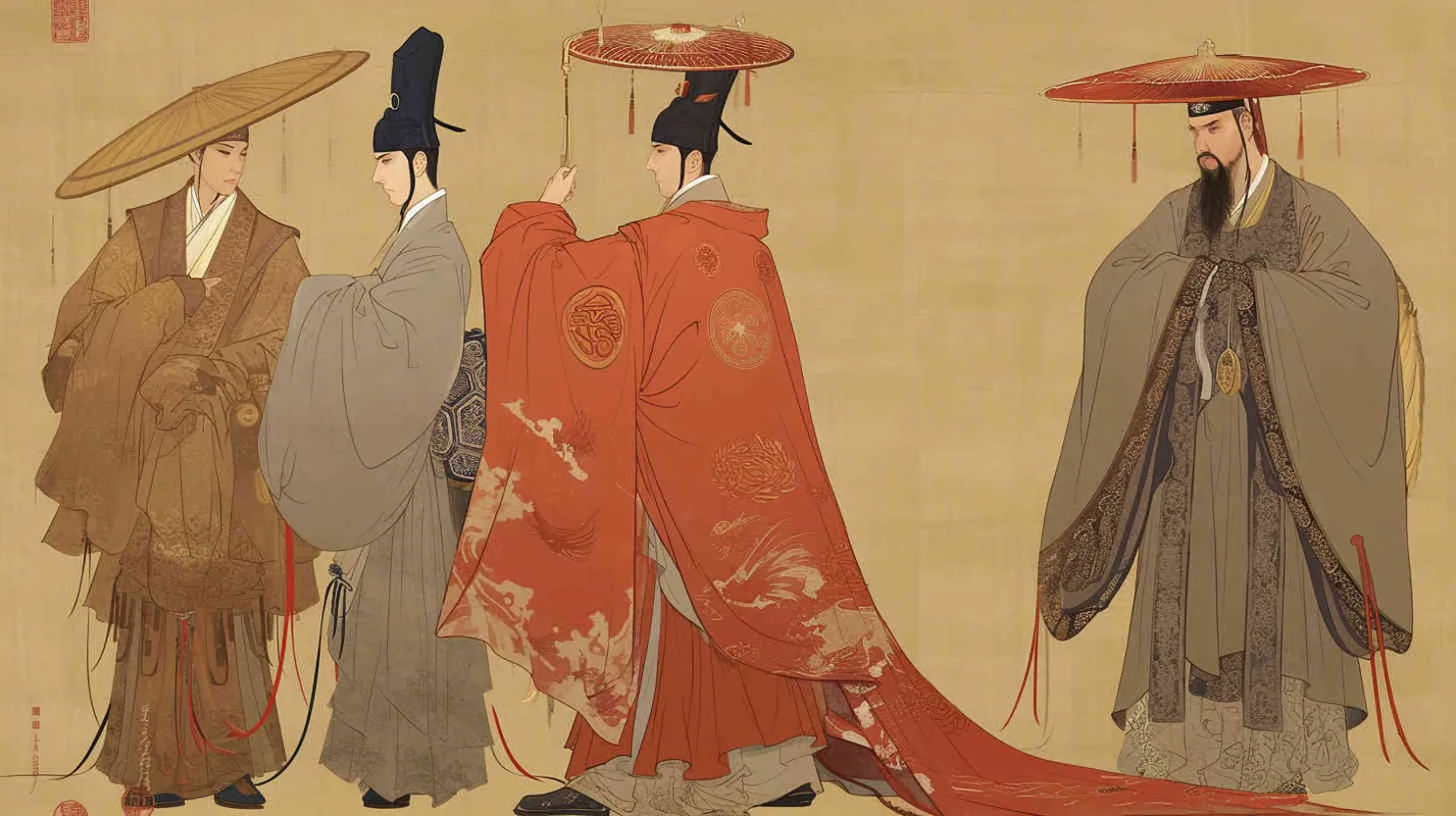 Under the blue sky and white clouds, a handsome ancient Chinese man tied his hair, wore a hair crown, and wore a red robe. Standing next to him were three ancient Chinese men in gray robes, wearing headbands. - style2部分